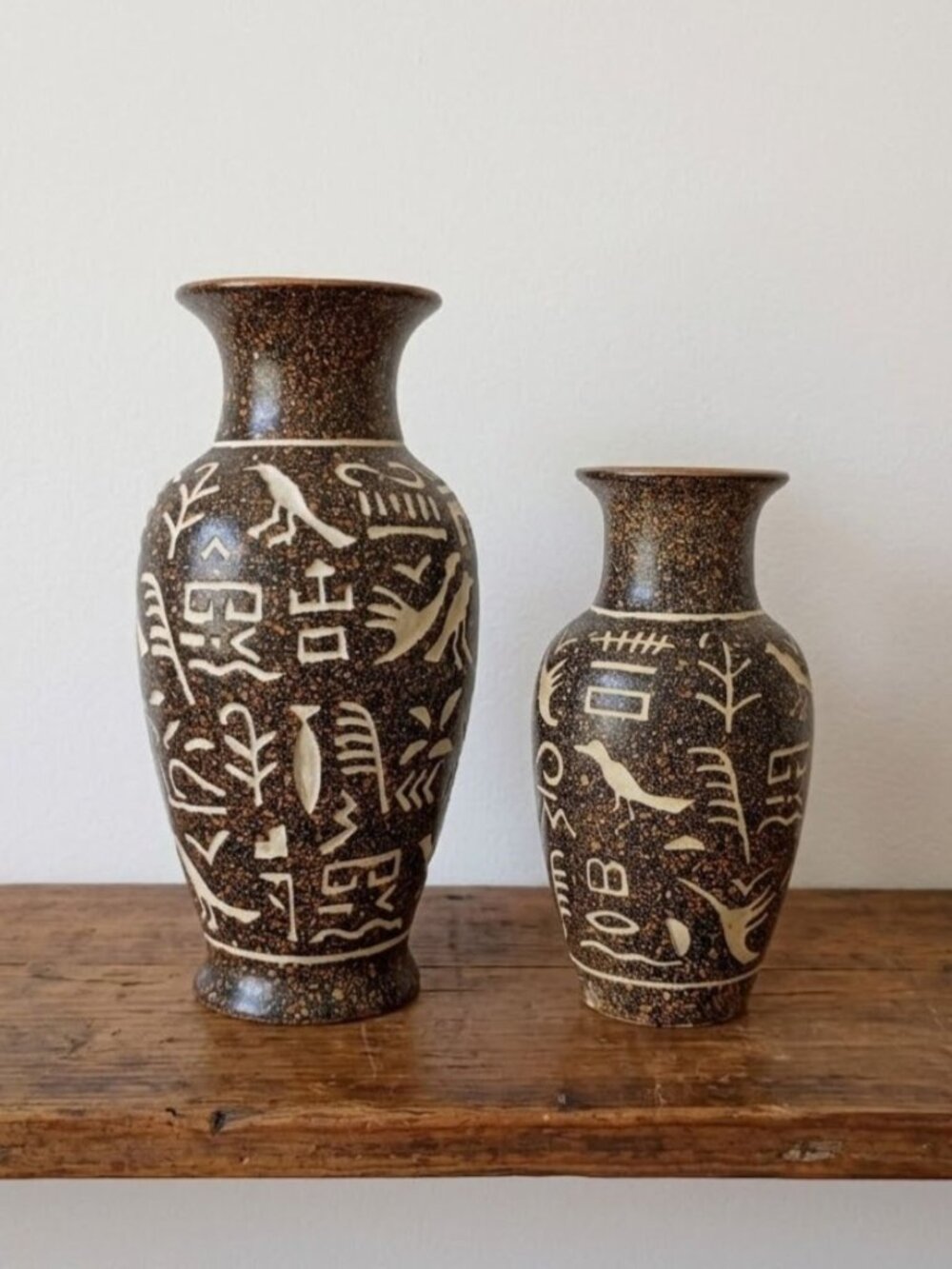 Vintage Pair Chinese Ceramic Hieroglyphic Vases Brown Speckled Boho Decor MCM
